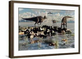 Herd of Corythosaurus Duckbill Dinosaurs Grazing-null-Framed Art Print