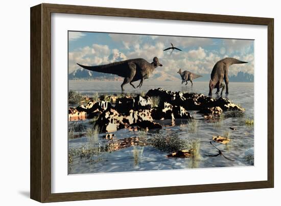 Herd of Corythosaurus Duckbill Dinosaurs Grazing-null-Framed Art Print