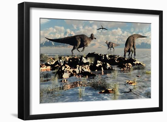Herd of Corythosaurus Duckbill Dinosaurs Grazing-null-Framed Art Print