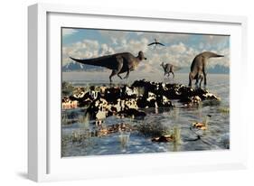 Herd of Corythosaurus Duckbill Dinosaurs Grazing-null-Framed Art Print