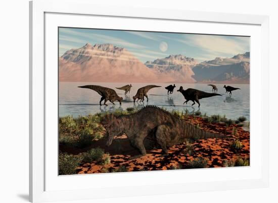 Herd of Corythosaurus Duckbill Dinosaurs Grazing-null-Framed Art Print