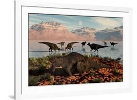 Herd of Corythosaurus Duckbill Dinosaurs Grazing-null-Framed Art Print