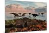 Herd of Corythosaurus Duckbill Dinosaurs Grazing-null-Mounted Art Print