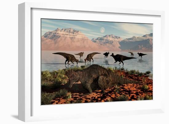 Herd of Corythosaurus Duckbill Dinosaurs Grazing-null-Framed Art Print