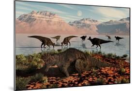 Herd of Corythosaurus Duckbill Dinosaurs Grazing-null-Mounted Art Print