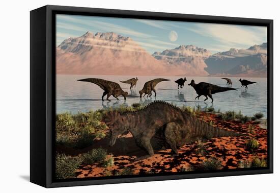 Herd of Corythosaurus Duckbill Dinosaurs Grazing-null-Framed Stretched Canvas