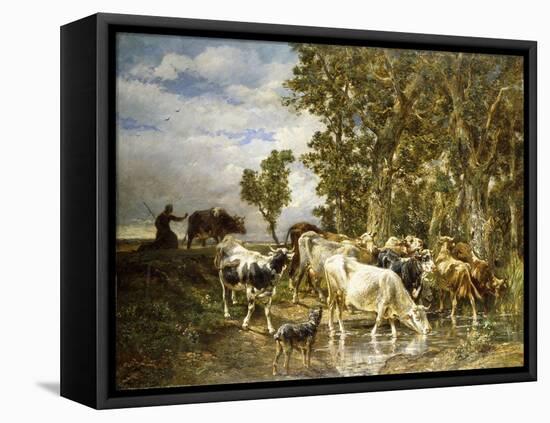 Herd of Cows at a Drinking Pool-Charles Emile Jacque-Framed Stretched Canvas