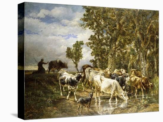 Herd of Cows at a Drinking Pool-Charles Emile Jacque-Stretched Canvas