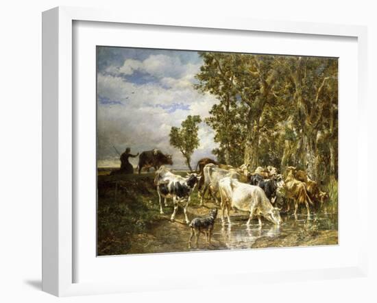 Herd of Cows at a Drinking Pool-Charles Emile Jacque-Framed Giclee Print