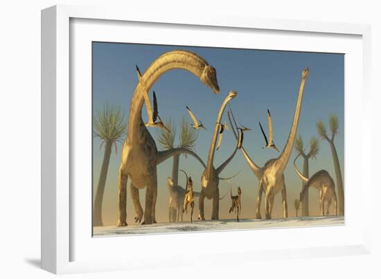 Herd of Diplodocus Dinosaurs-null-Framed Art Print