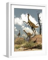 Herd of Gallimimus Dinosaurs in the Desert-Stocktrek Images-Framed Art Print