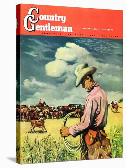 "Herding Cattle," Country Gentleman Cover, January 1, 1942-George Schreiber-Stretched Canvas