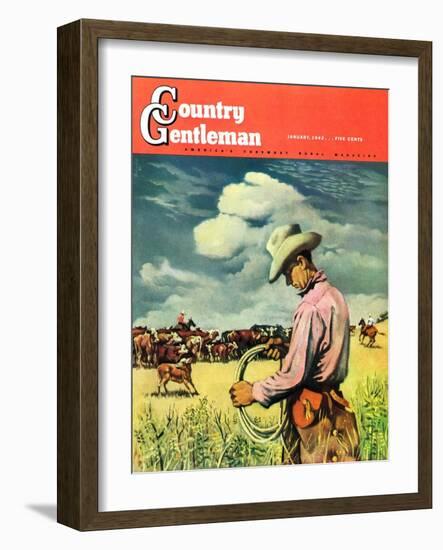 "Herding Cattle," Country Gentleman Cover, January 1, 1942-George Schreiber-Framed Giclee Print