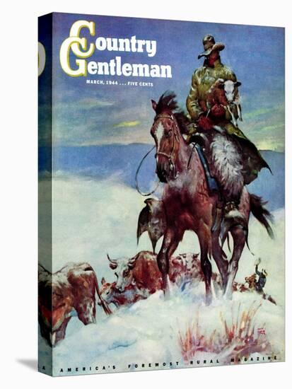 "Herding in Winter Storm," Country Gentleman Cover, March 1, 1944-Matt Clark-Stretched Canvas