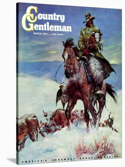 "Herding in Winter Storm," Country Gentleman Cover, March 1, 1944-Matt Clark-Stretched Canvas