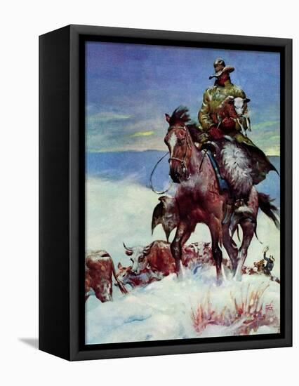 "Herding in Winter Storm,"March 1, 1944-Matt Clark-Framed Stretched Canvas