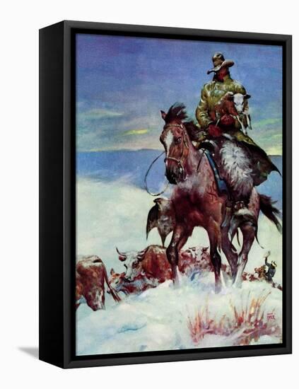 "Herding in Winter Storm,"March 1, 1944-Matt Clark-Framed Stretched Canvas