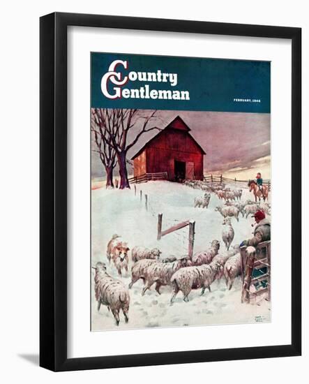 "Herding Sheep into Barn," Country Gentleman Cover, February 1, 1946-Matt Clark-Framed Giclee Print