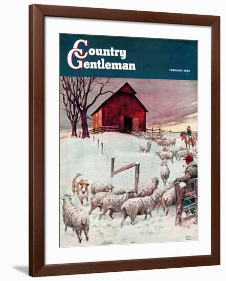 "Herding Sheep into Barn," Country Gentleman Cover, February 1, 1946-Matt Clark-Framed Giclee Print