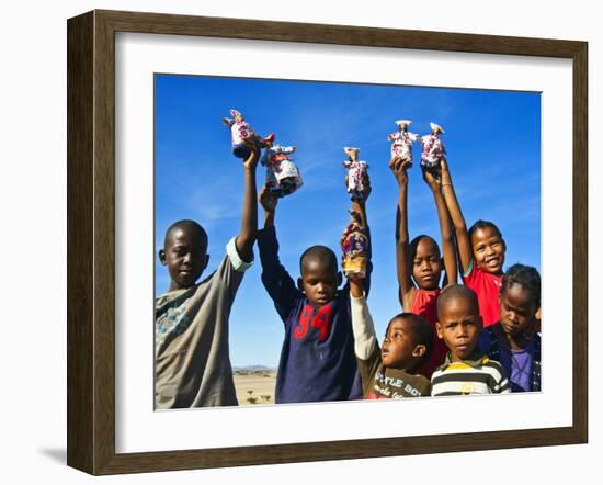 Herero Children Selling Herero Dolls, Damaraland, Kunene Region, Namibia, Africa-Nico Tondini-Framed Photographic Print