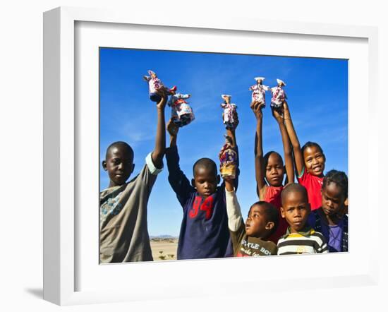 Herero Children Selling Herero Dolls, Damaraland, Kunene Region, Namibia, Africa-Nico Tondini-Framed Photographic Print