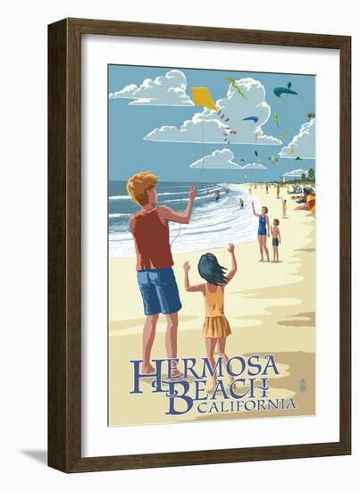 Hermosa Beach, California - Kite Flyers-Lantern Press-Framed Art Print