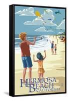 Hermosa Beach, California - Kite Flyers-Lantern Press-Framed Stretched Canvas