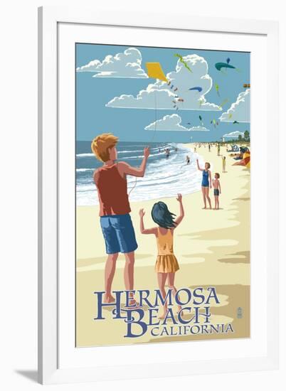 Hermosa Beach, California - Kite Flyers-Lantern Press-Framed Art Print