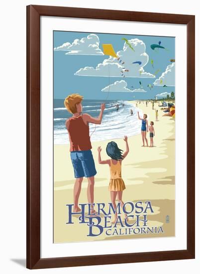 Hermosa Beach, California - Kite Flyers-Lantern Press-Framed Art Print
