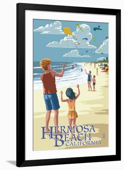 Hermosa Beach, California - Kite Flyers-Lantern Press-Framed Art Print