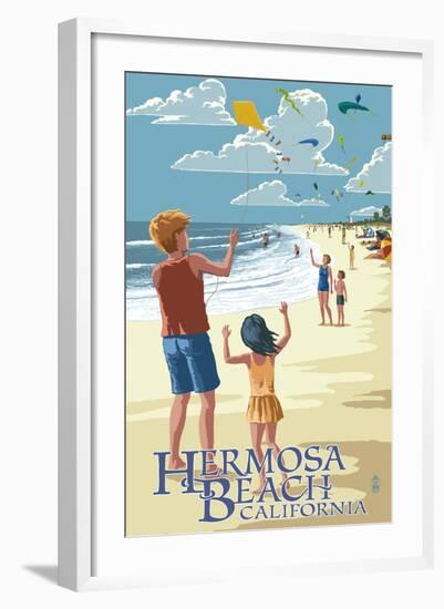 Hermosa Beach, California - Kite Flyers-Lantern Press-Framed Art Print