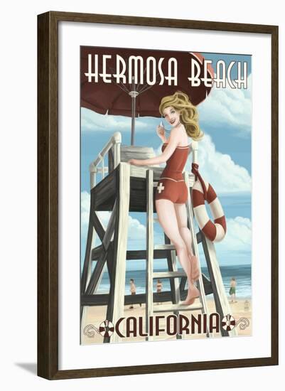 Hermosa Beach, California - Lifeguard Pinup-Lantern Press-Framed Art Print