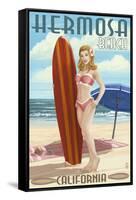 Hermosa Beach, California - Pinup Surfer Girl-Lantern Press-Framed Stretched Canvas