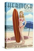 Hermosa Beach, California - Pinup Surfer Girl-Lantern Press-Stretched Canvas