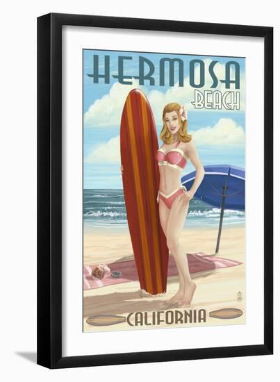 Hermosa Beach, California - Pinup Surfer Girl-Lantern Press-Framed Art Print