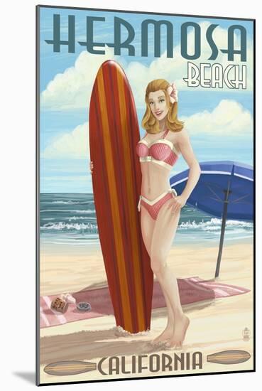 Hermosa Beach, California - Pinup Surfer Girl-Lantern Press-Mounted Art Print