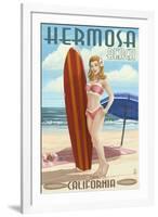 Hermosa Beach, California - Pinup Surfer Girl-Lantern Press-Framed Art Print