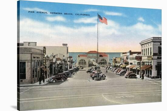 Hermosa Beach, California - View of Pier Avenue-Lantern Press-Stretched Canvas