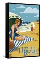 Hermosa Beach, California - Woman on Beach-Lantern Press-Framed Stretched Canvas