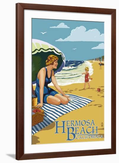 Hermosa Beach, California - Woman on Beach-Lantern Press-Framed Art Print