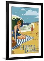 Hermosa Beach, California - Woman on Beach-Lantern Press-Framed Art Print