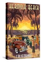 Hermosa Beach, California - Woodies and Sunset-Lantern Press-Stretched Canvas