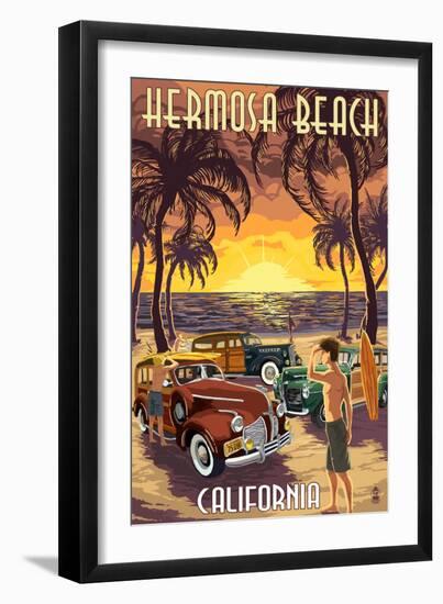 Hermosa Beach, California - Woodies and Sunset-Lantern Press-Framed Art Print