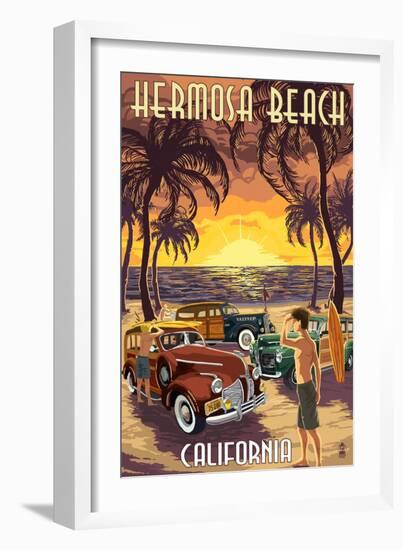 Hermosa Beach, California - Woodies and Sunset-Lantern Press-Framed Art Print