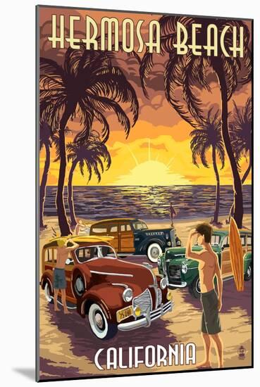 Hermosa Beach, California - Woodies and Sunset-Lantern Press-Mounted Art Print