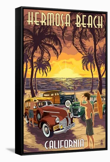 Hermosa Beach, California - Woodies and Sunset-Lantern Press-Framed Stretched Canvas