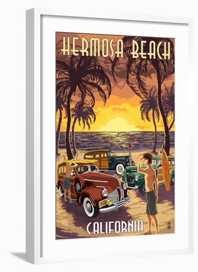 Hermosa Beach, California - Woodies and Sunset-Lantern Press-Framed Art Print