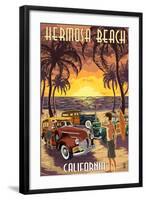 Hermosa Beach, California - Woodies and Sunset-Lantern Press-Framed Art Print