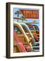 Hermosa Beach, California - Woodies Lined Up-Lantern Press-Framed Art Print