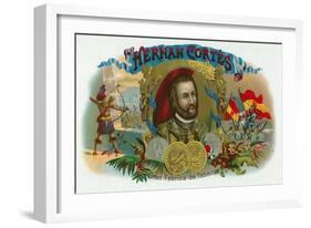 Hernan Cortes Brand Cigar Box Label-Lantern Press-Framed Art Print